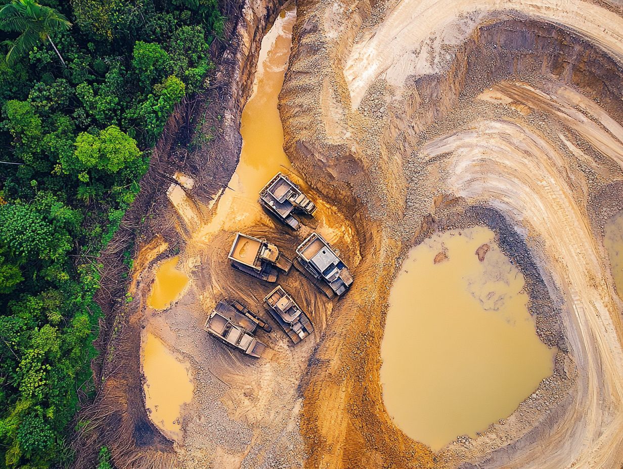 An illustration showing the environmental impact of gold mining on land, water, and air