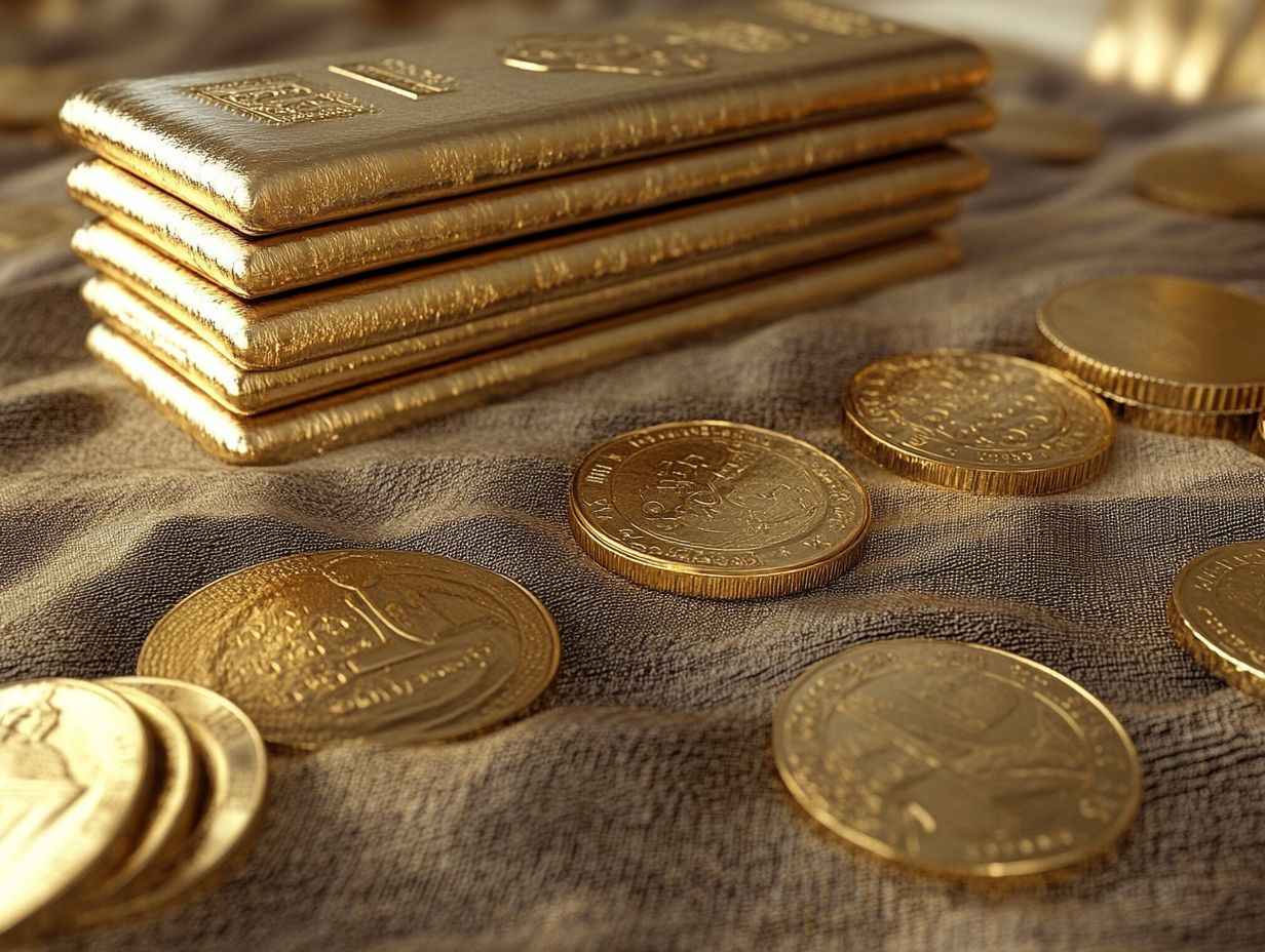 A variety of gold bullion investment options including coins, bars, and funds.